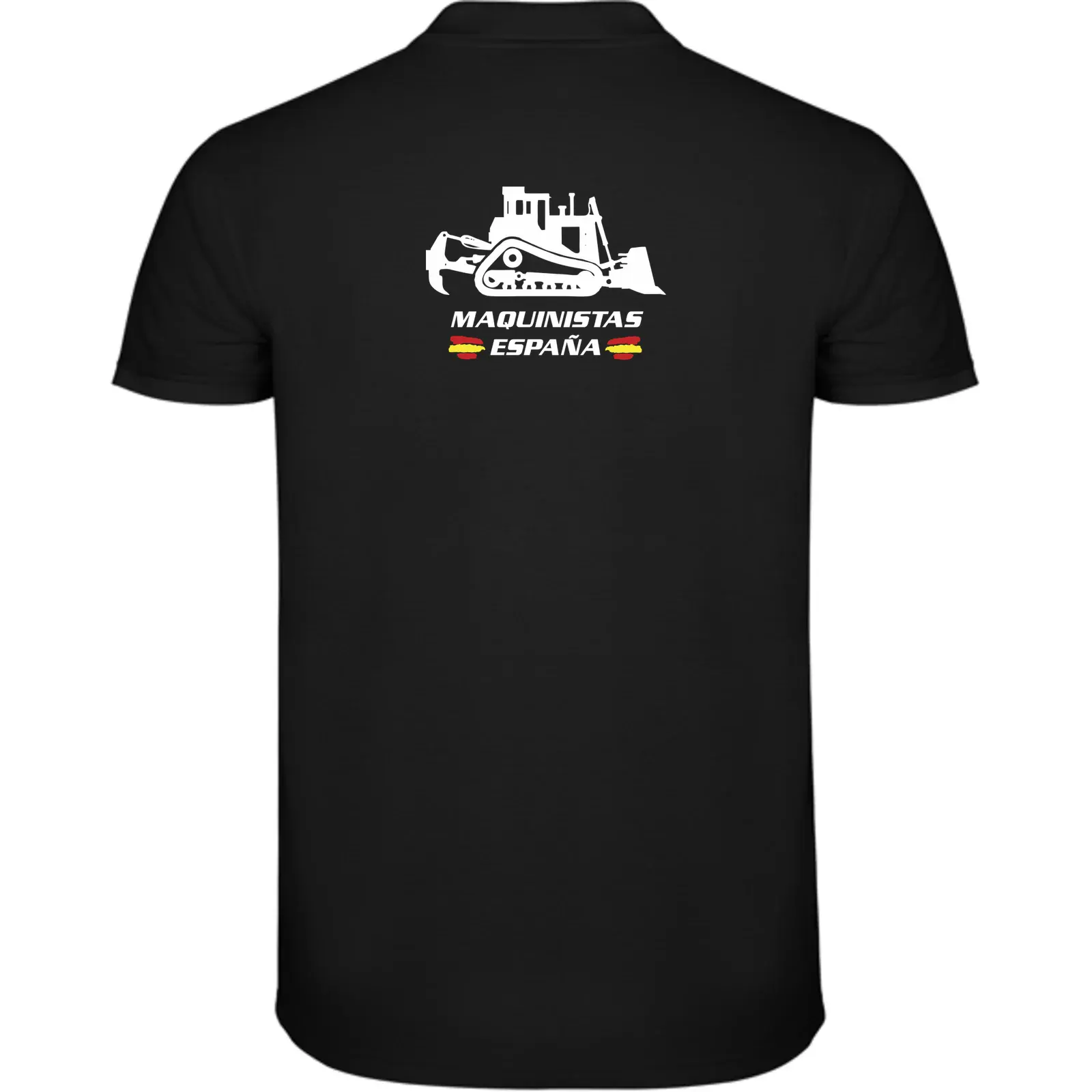 Polo con dibujo MAQUINISTAS ESPAÑA BULLDOZER_espalda para hombre, mujer y niño en varios colores con acabado bordado o con impresión DTF